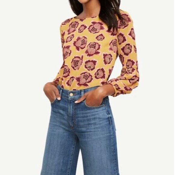 Ann Taylor Womens Small Golden Chartreuse Blossom Lantern Sleeve Blouse Shirt - Picture 1 of 12